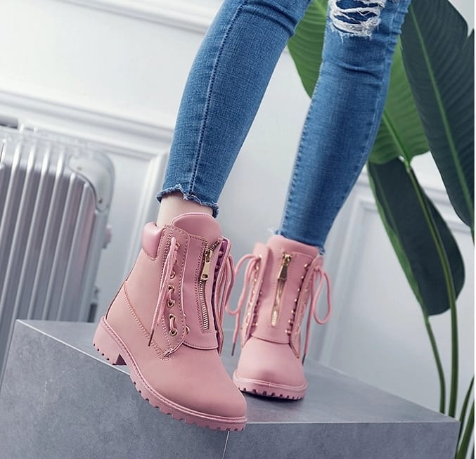 Ladies Rubber Sole PU Leather Fashion Casual Ankle Boots All Seasons Flat Boots Size37-42 Normal Fitting Western Style Lace Up Shoes Colour