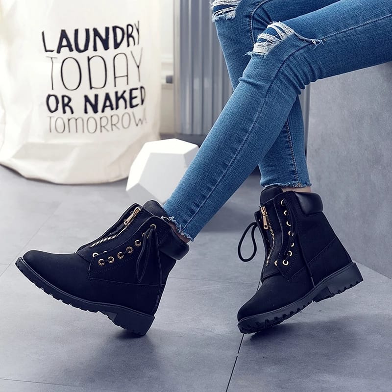 Ladies Rubber Sole PU Leather Fashion Casual Ankle Boots All Seasons Flat Boots Size37-42 Normal Fitting Western Style Lace Up Shoes Colour