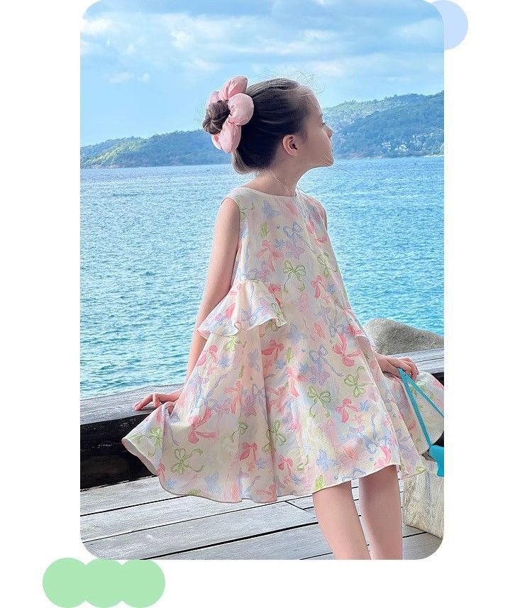 New Summer Girls' Dress Princess Dress Bow-Tie Tank Dress with Floral Print Sweet and Adorable Perfect for Baby's Birthday Parties, School Events, and Special Occasions
