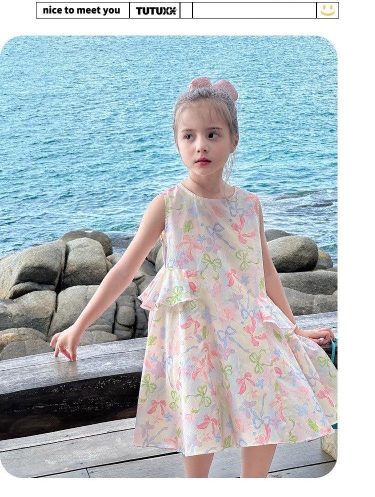 New Summer Girls' Dress Princess Dress Bow-Tie Tank Dress with Floral Print Sweet and Adorable Perfect for Baby's Birthday Parties, School Events, and Special Occasions