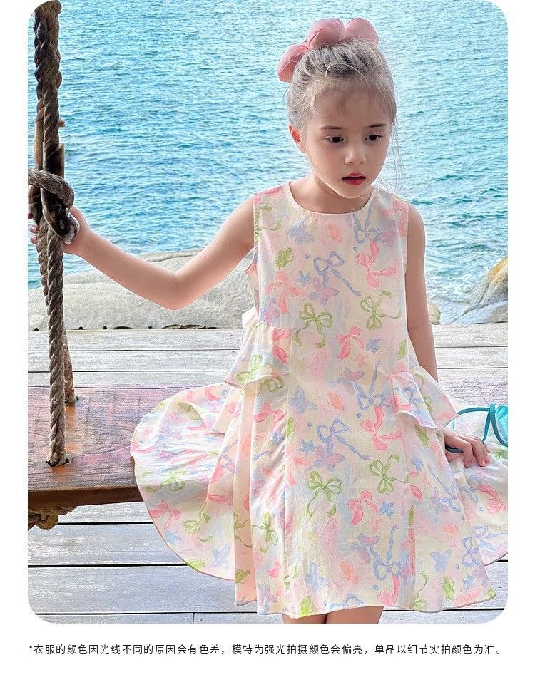 New Summer Girls' Dress Princess Dress Bow-Tie Tank Dress with Floral Print Sweet and Adorable Perfect for Baby's Birthday Parties, School Events, and Special Occasions