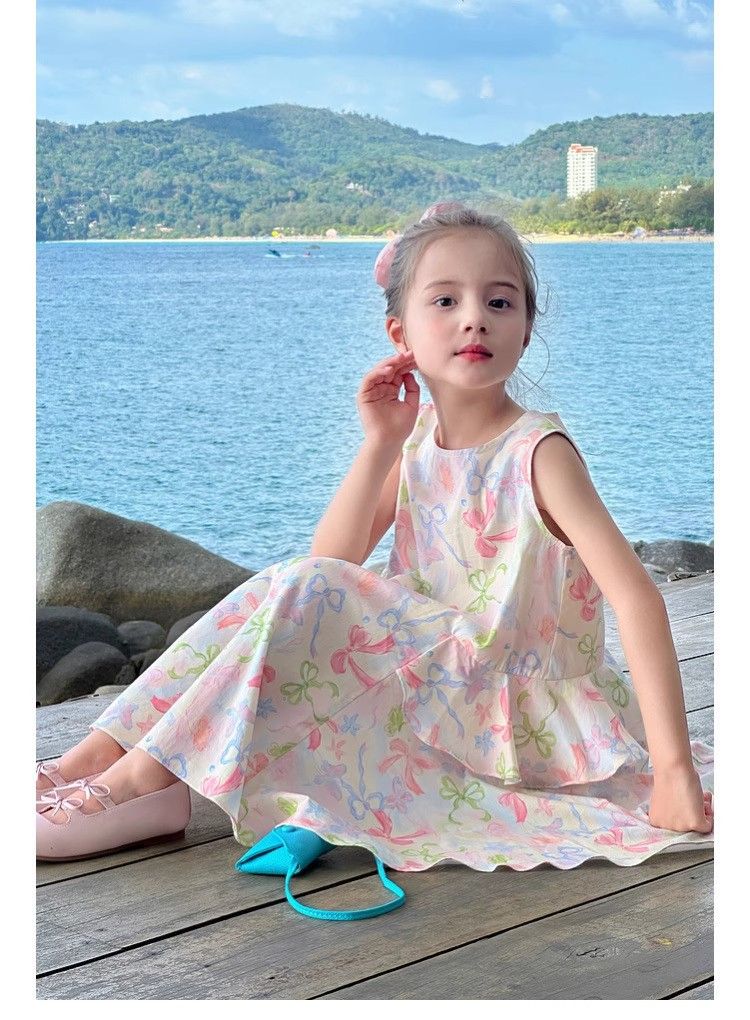 New Summer Girls' Dress Princess Dress Bow-Tie Tank Dress with Floral Print Sweet and Adorable Perfect for Baby's Birthday Parties, School Events, and Special Occasions