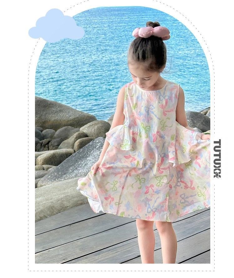 New Summer Girls' Dress Princess Dress Bow-Tie Tank Dress with Floral Print Sweet and Adorable Perfect for Baby's Birthday Parties, School Events, and Special Occasions