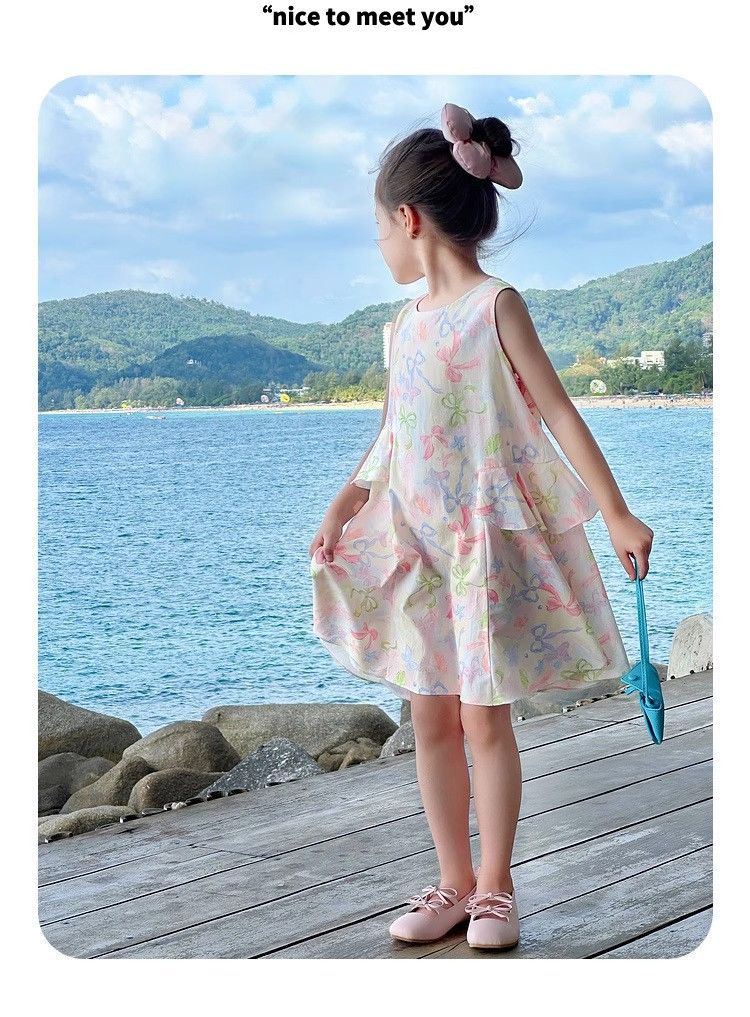 New Summer Girls' Dress Princess Dress Bow-Tie Tank Dress with Floral Print Sweet and Adorable Perfect for Baby's Birthday Parties, School Events, and Special Occasions