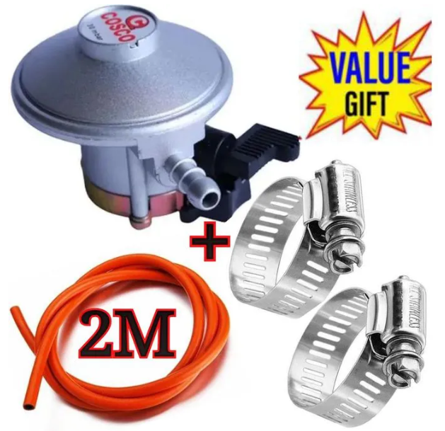 Cosco QUALITY SAFE COMPATIBLE STANDARD 13KG GAS CYLINDER REGULATOR PLUS 2M PIPE & CLIPS.