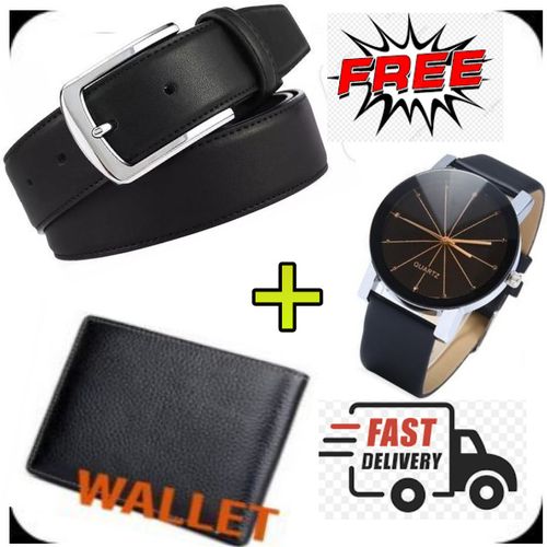 Quality Men Buckle Leather Belt- Black+Wallet + Watch