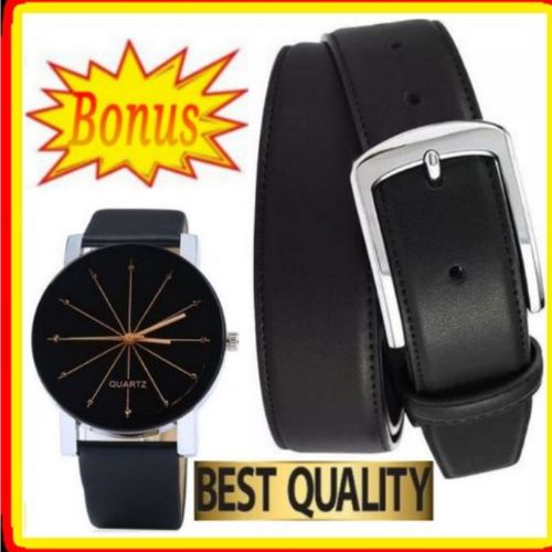 Leather Belt For Official Suit's Trousers -Black + Best Men Wrist Watch