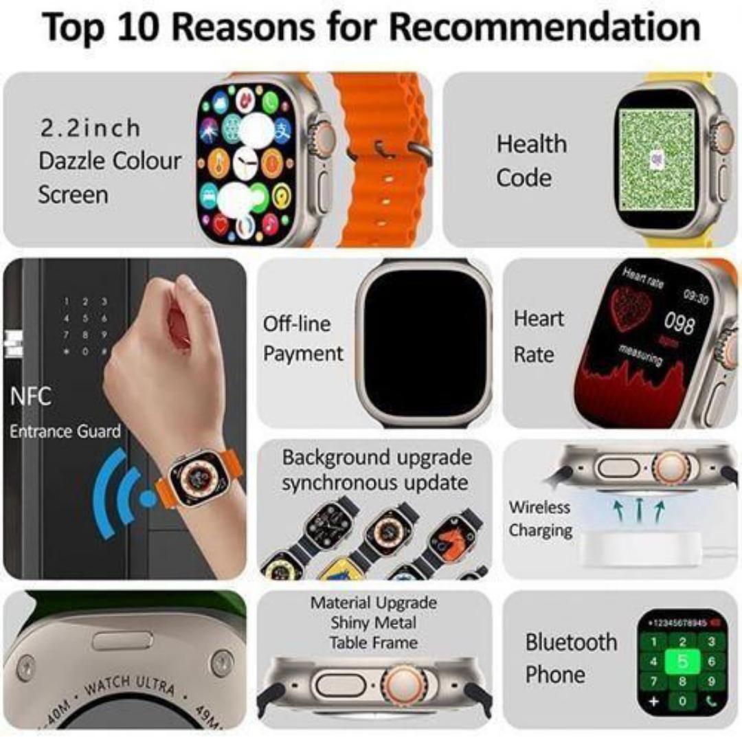 New wrist Unisex Ladies Men Smartwatch T900Ultra Big Silver Smart Watch Green Straps Smartwatch' Touch Screen Bluetooth Durable Waterproof