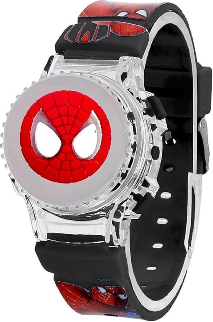 New Arrival Spiderman spinner gift pack Digital Dial Children Spiderman Spining Cartoon Revolving Cap Glowing Light Cartoon Printed Strap Colorful Kids Watch for Boys & Girls (Age:4-12 Years)