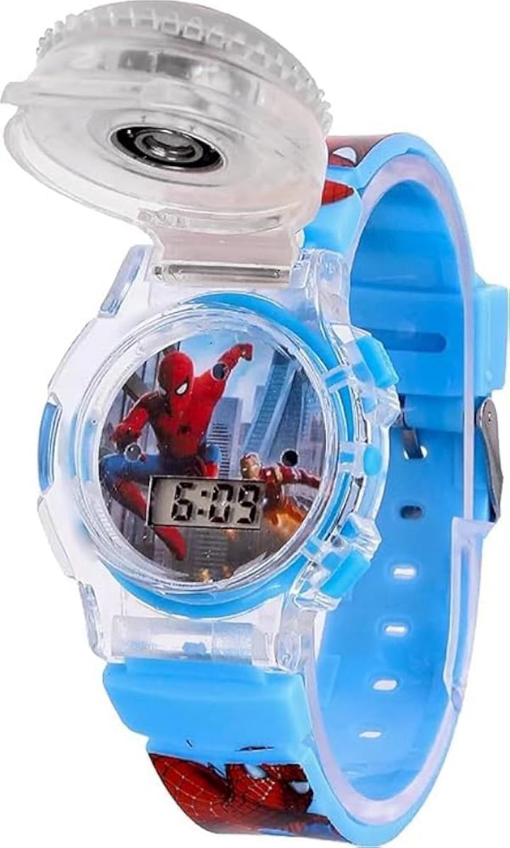 New Arrival Spiderman spinner gift pack Digital Dial Children Spiderman Spining Cartoon Revolving Cap Glowing Light Cartoon Printed Strap Colorful Kids Watch for Boys & Girls (Age:4-12 Years)