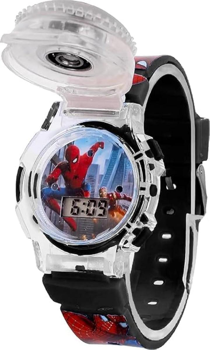 New Arrival Spiderman spinner gift pack Digital Dial Children Spiderman Spining Cartoon Revolving Cap Glowing Light Cartoon Printed Strap Colorful Kids Watch for Boys & Girls (Age:4-12 Years)