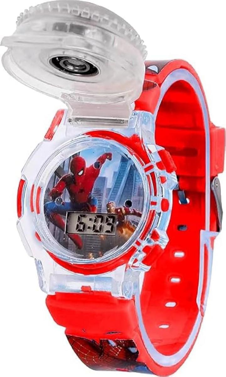 New Arrival Spiderman spinner gift pack Digital Dial Children Spiderman Spining Cartoon Revolving Cap Glowing Light Cartoon Printed Strap Colorful Kids Watch for Boys & Girls (Age:4-12 Years)