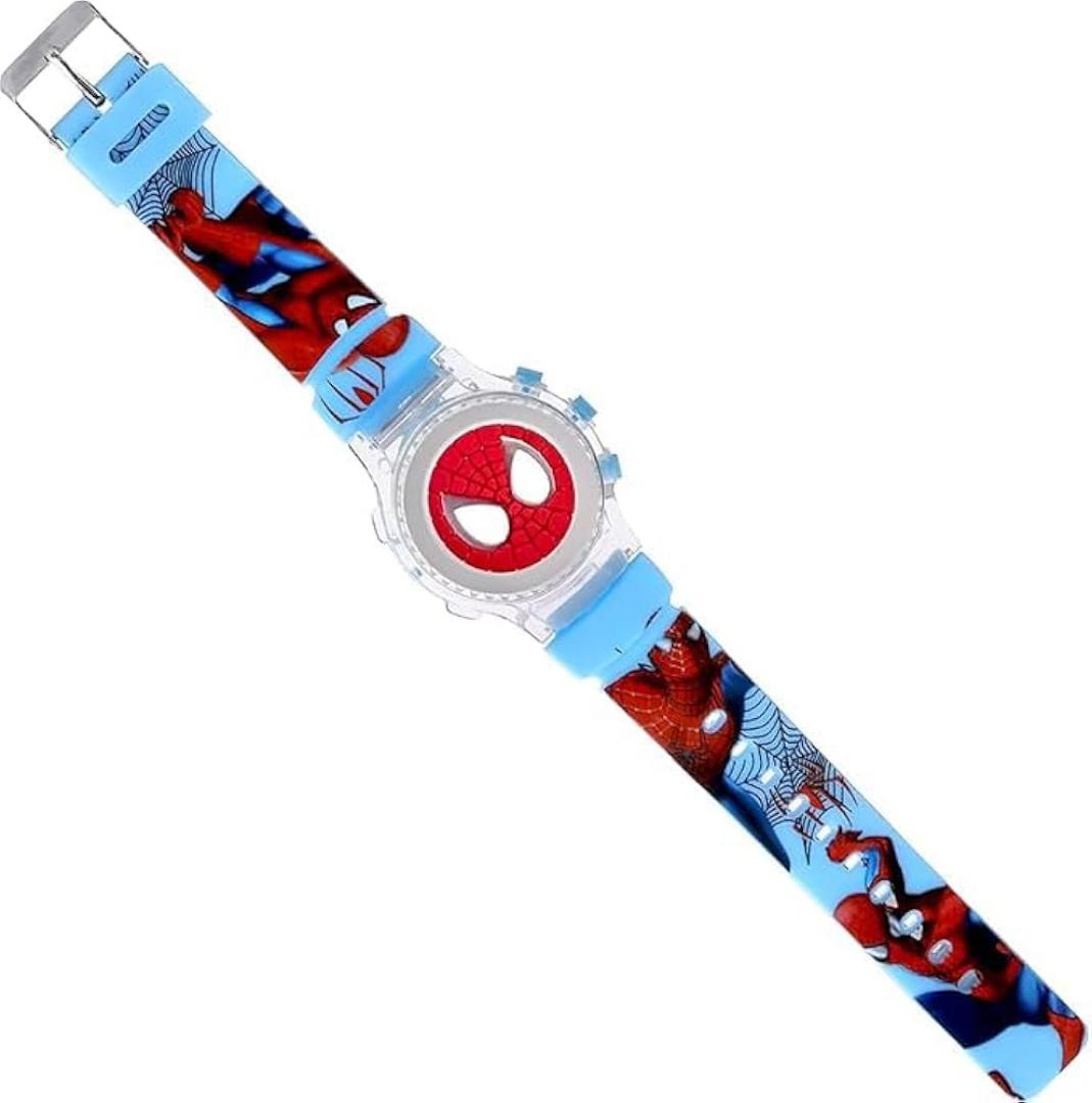 New Arrival Spiderman spinner gift pack Digital Dial Children Spiderman Spining Cartoon Revolving Cap Glowing Light Cartoon Printed Strap Colorful Kids Watch for Boys & Girls (Age:4-12 Years)