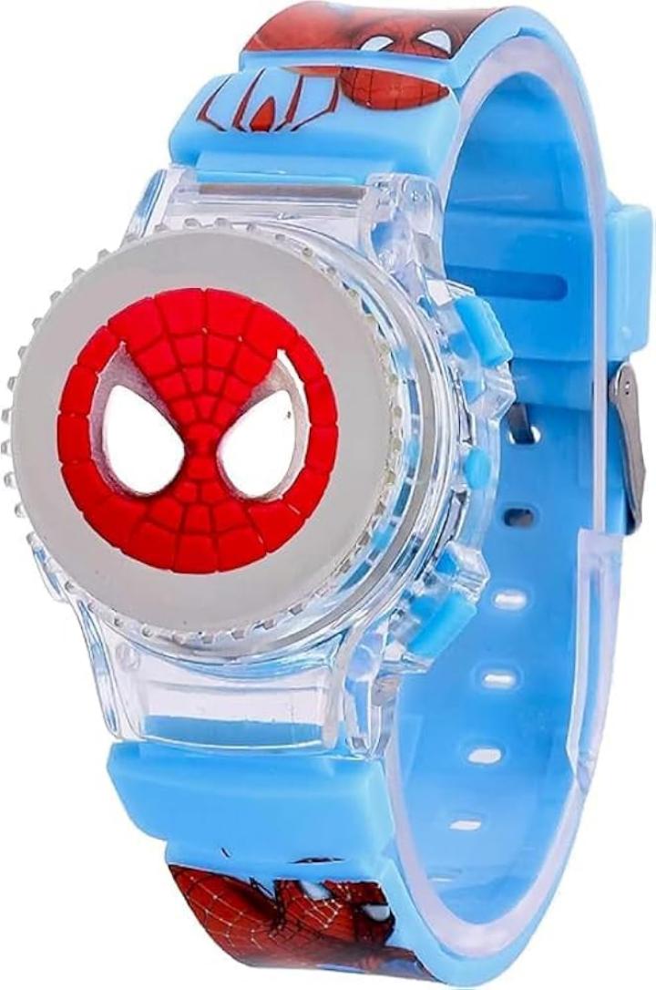 New Arrival Spiderman spinner gift pack Digital Dial Children Spiderman Spining Cartoon Revolving Cap Glowing Light Cartoon Printed Strap Colorful Kids Watch for Boys & Girls (Age:4-12 Years)