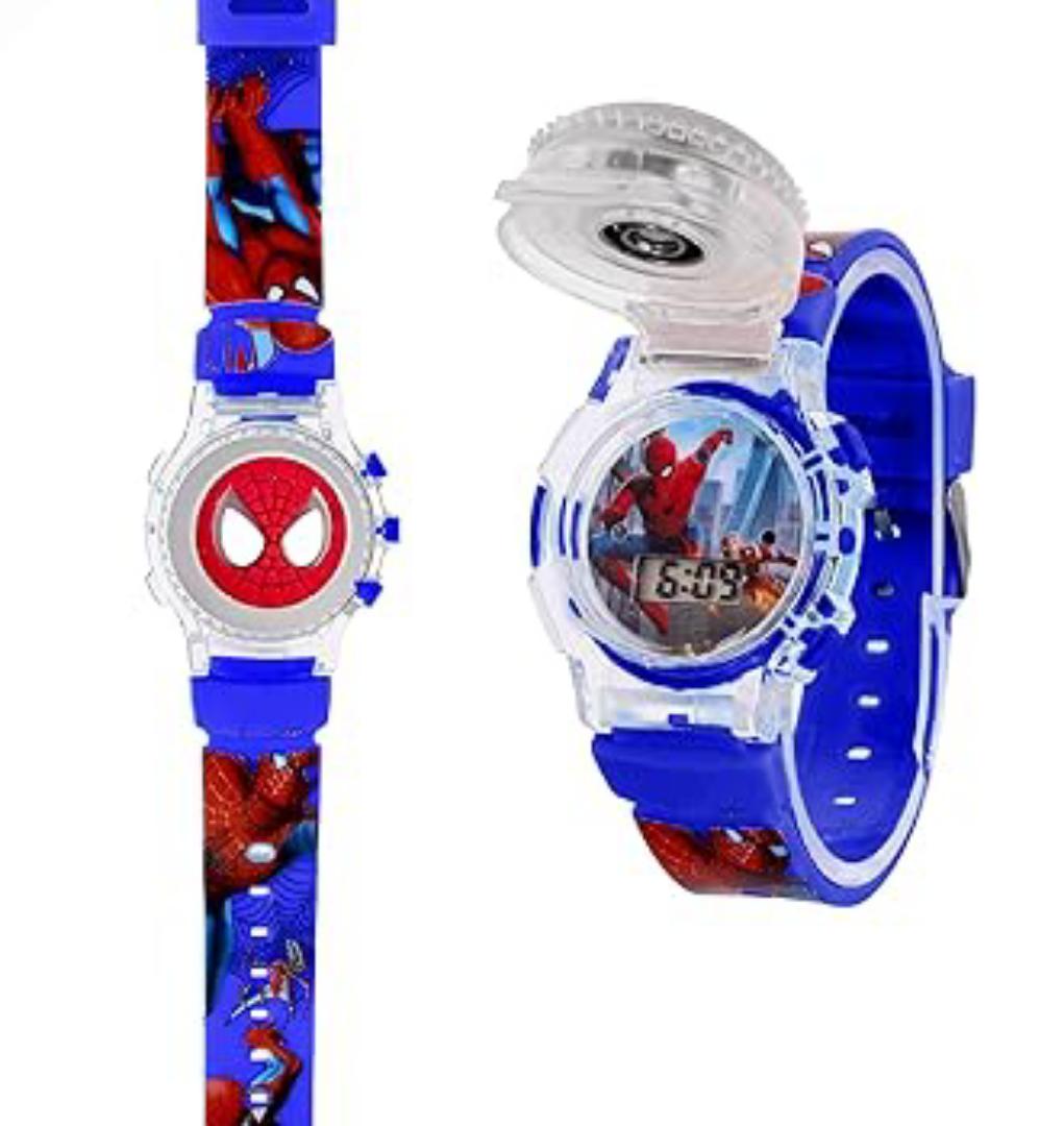 New Arrival Spiderman spinner gift pack Digital Dial Children Spiderman Spining Cartoon Revolving Cap Glowing Light Cartoon Printed Strap Colorful Kids Watch for Boys & Girls (Age:4-12 Years)
