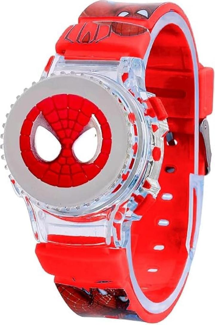 New Arrival Spiderman spinner gift pack Digital Dial Children Spiderman Spining Cartoon Revolving Cap Glowing Light Cartoon Printed Strap Colorful Kids Watch for Boys & Girls (Age:4-12 Years)