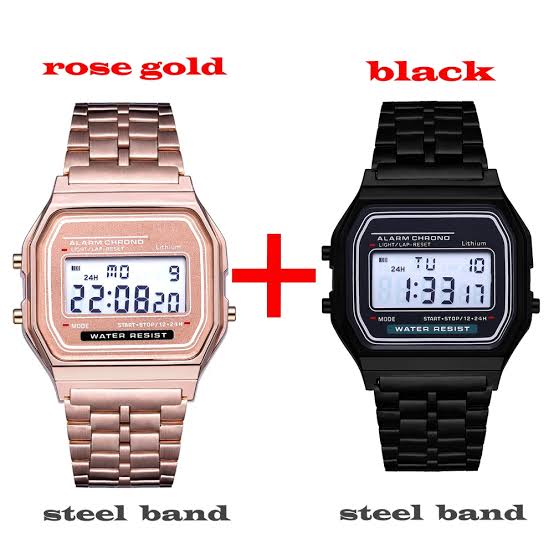 Casio Vintage Watch Couple Combo Watch 2Watches Rosegold+Black F91W Steel Band Watch Retro LED Digital Sports Dial Unisex Military Waterproof Electronic Wrist Band Clock For Ladies Men Business Watch