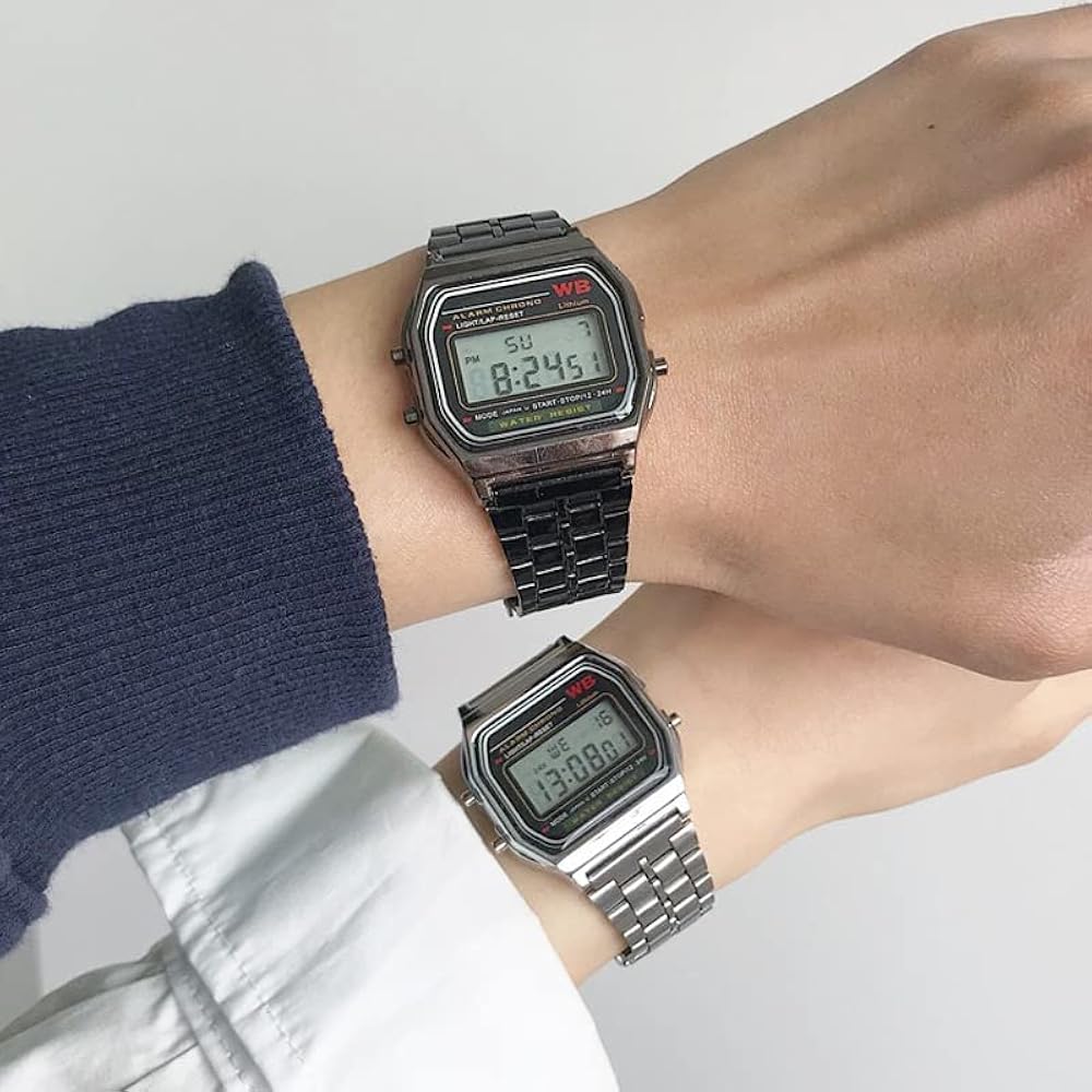 Casio Vintage Watch Couple Combo Watch 2Watches Rosegold+Black F91W Steel Band Watch Retro LED Digital Sports Dial Unisex Military Waterproof Electronic Wrist Band Clock For Ladies Men Business Watch