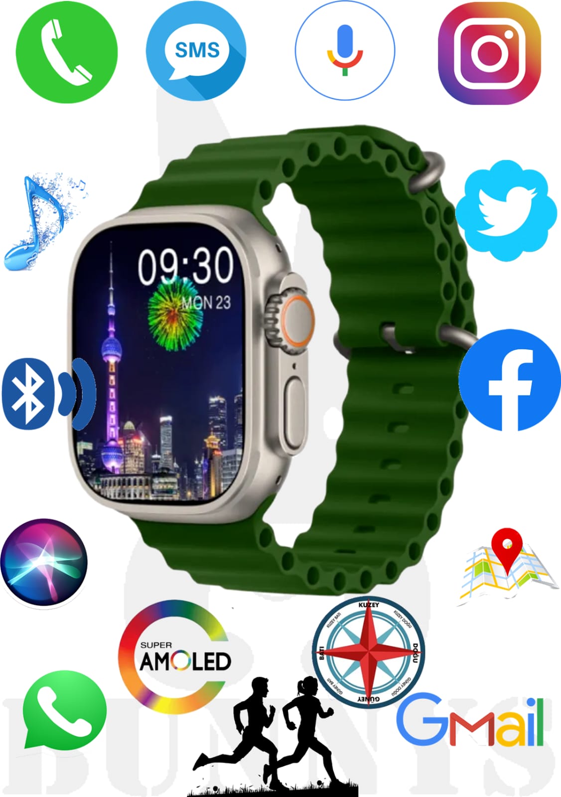 New wrist Unisex Ladies Men Smartwatch T900Ultra Big Silver Smart Watch Green Straps Smartwatch' Touch Screen Bluetooth Durable Waterproof