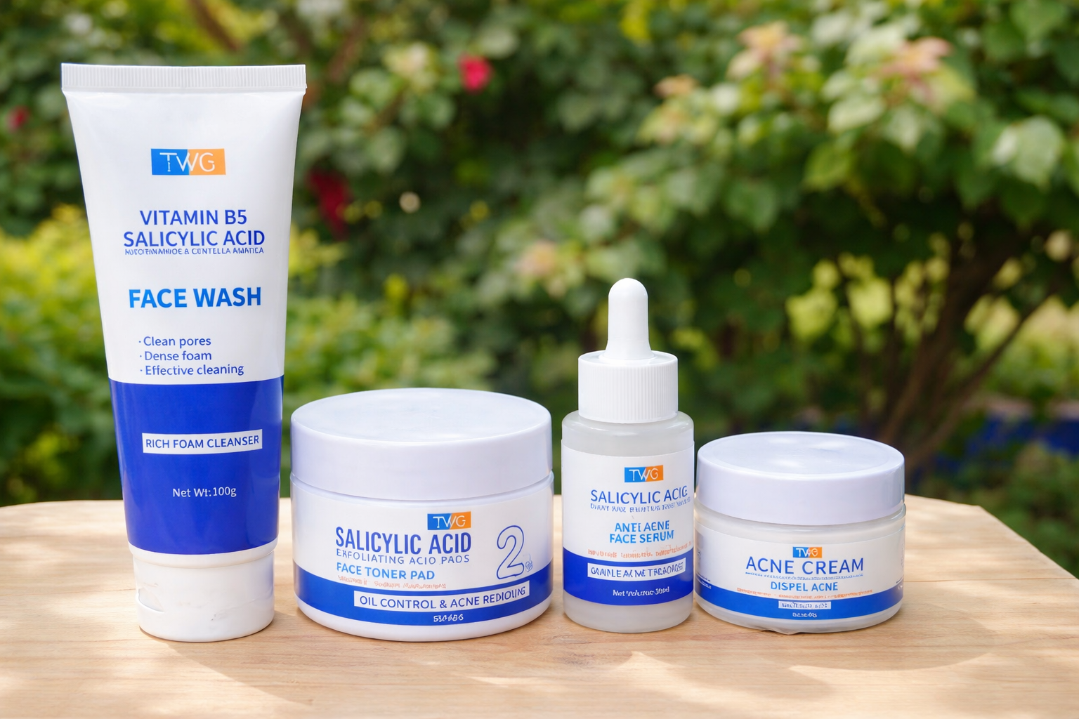 TWG 4PCS CLEAR GLOW ACNE SET PURE SKIN SALICYLIC KIT
VITAMIN B5 SALICYLIC ACID FACE WASH +SALICYLIC ACID EXFOLIATING ACID PADS FACE TONER PADS+SALICYLIC ACID ANTI ACNE FACE SERUM+ACNE CREAM