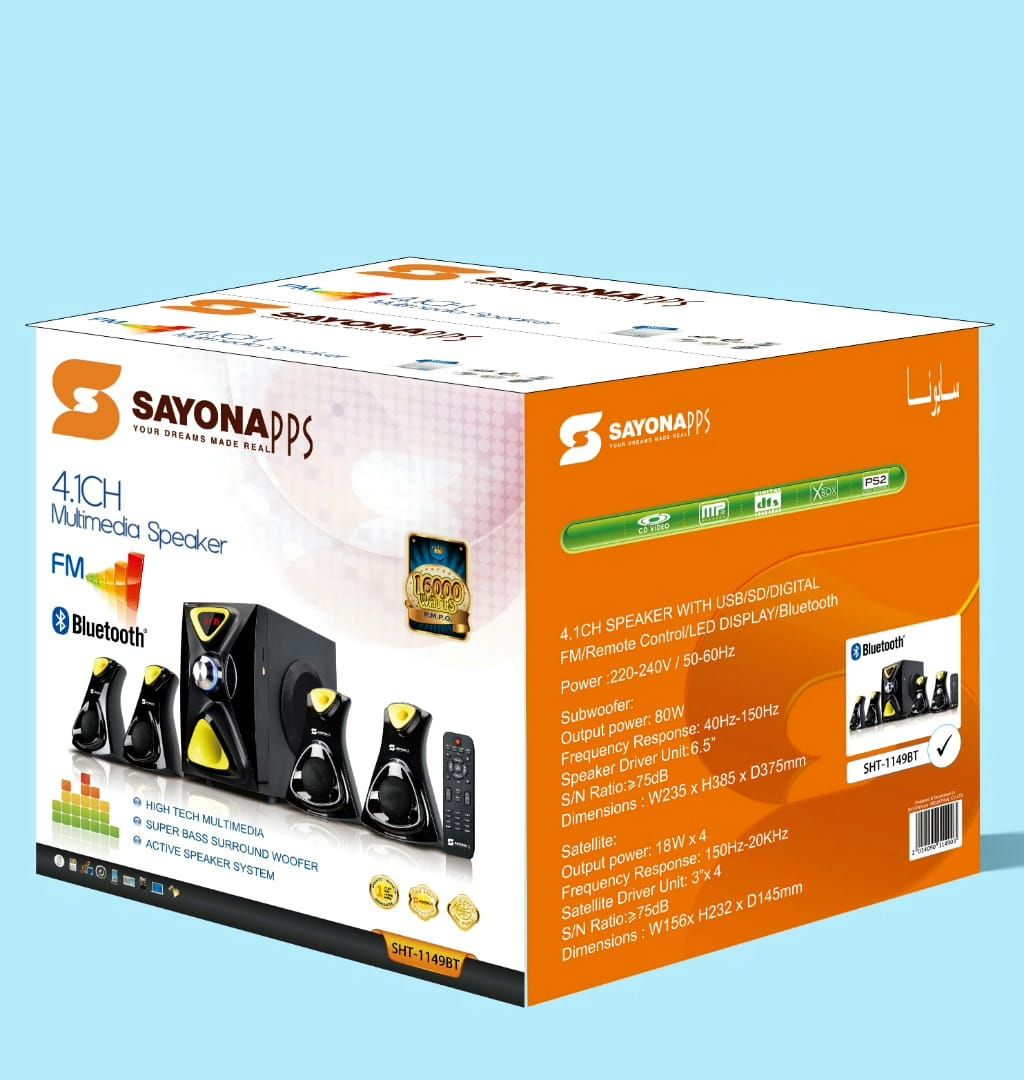 🔊 Sayona PPS 4.1CH Multimedia Speaker – Power, Precision & Pure Sound!
Turn up the volume on your entertainment! This 4.1 channel speaker system delivers rich bass, crisp highs, and immersive surroun
