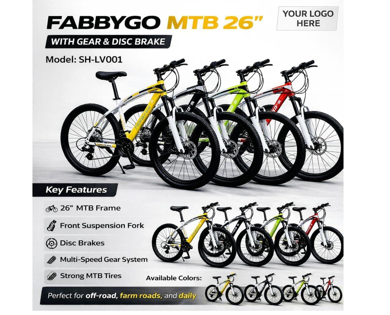 MTB 26" mountain bike (Model: SH-LV001). 
Key Features: It features a 26" MTB frame, front suspension fork, disc brakes, and a multi-speed gear system.
Suitability: This bicycle is designed for off-ro