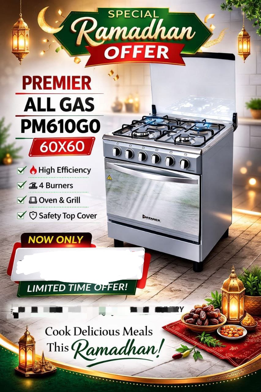 Premier All Gas Cooker PM610GO – 60×60
Upgrade your kitchen with the Premier All Gas Cooker PM610GO, designed to deliver reliable performance, convenience, and style for everyday cooking. With its spa