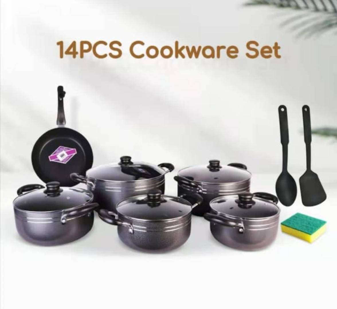 Original TC 14pc Non-Stick Cookware Set – 5 Pots with Glass Lids, 26cm Frying Pan, Nonstick Spoons & Scotch Brite – Easy-Clean Kitchen Cooking Pot Set