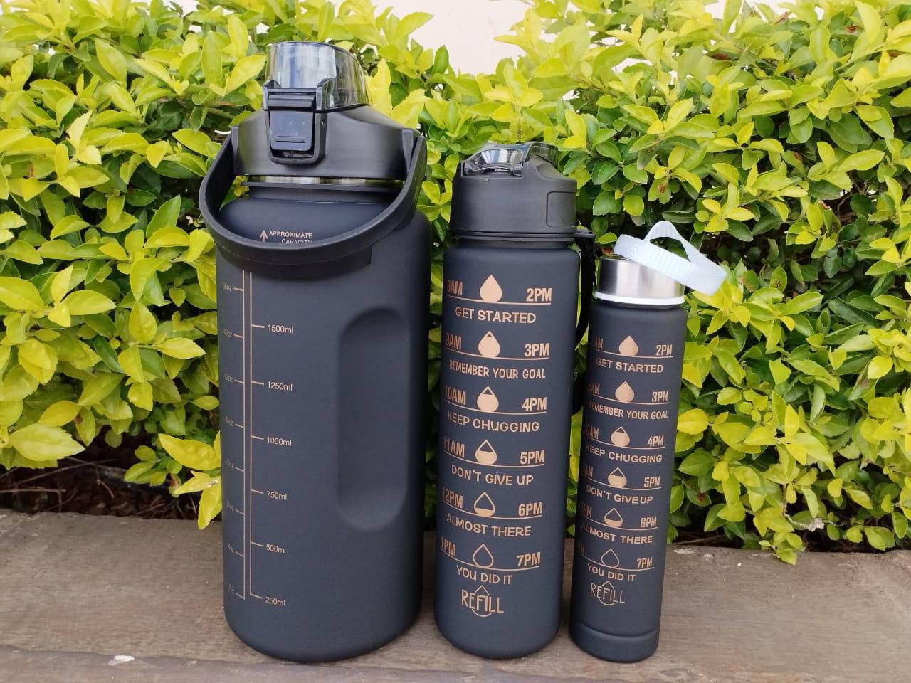3-in-1 Set Water Bottle Motivational Sports Leakproof Water Bottle