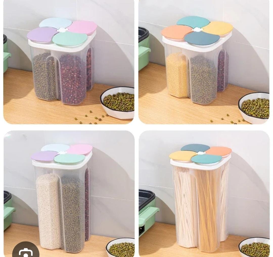 4 Partition Cereal Container 2 Liters Airtight Food Storage Dispenser Dry Food Organizer Kitchen Pantry Box for Cereals Rice Beans Pasta Snacks Moisture Proof BPA Free Durable Clear Body