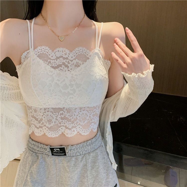 Lace spaghetti strap backless crop top for women, pure and sexy, suitable for outerwear or layering, with built-in bra pads, strapless, available in plus sizes, lightweight and breathable for summer.