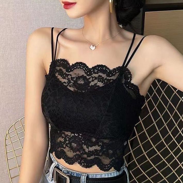 Lace spaghetti strap backless crop top for women, pure and sexy, suitable for outerwear or layering, with built-in bra pads, strapless, available in plus sizes, lightweight and breathable for summer.