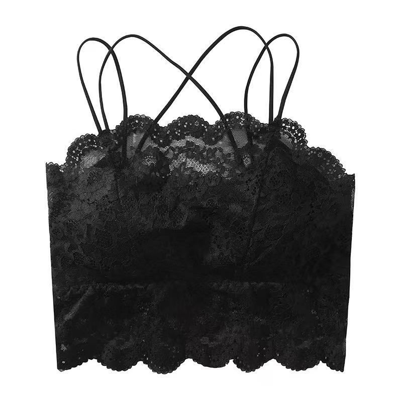 Lace spaghetti strap backless crop top for women, pure and sexy, suitable for outerwear or layering, with built-in bra pads, strapless, available in plus sizes, lightweight and breathable for summer.