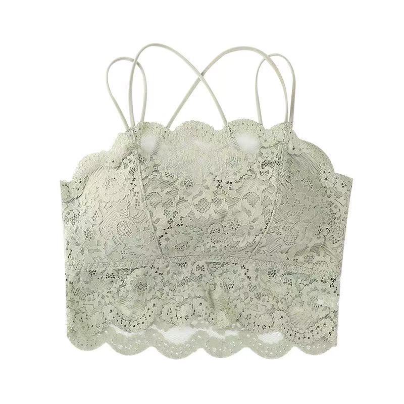 Lace spaghetti strap backless crop top for women, pure and sexy, suitable for outerwear or layering, with built-in bra pads, strapless, available in plus sizes, lightweight and breathable for summer.
