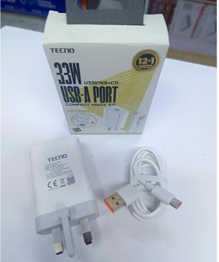 TECNO FAST CHARGER ORIGINAL Tecno U330TKB+C11 3x Faster 33W Fast Charger with Type-C Cable 100-240V