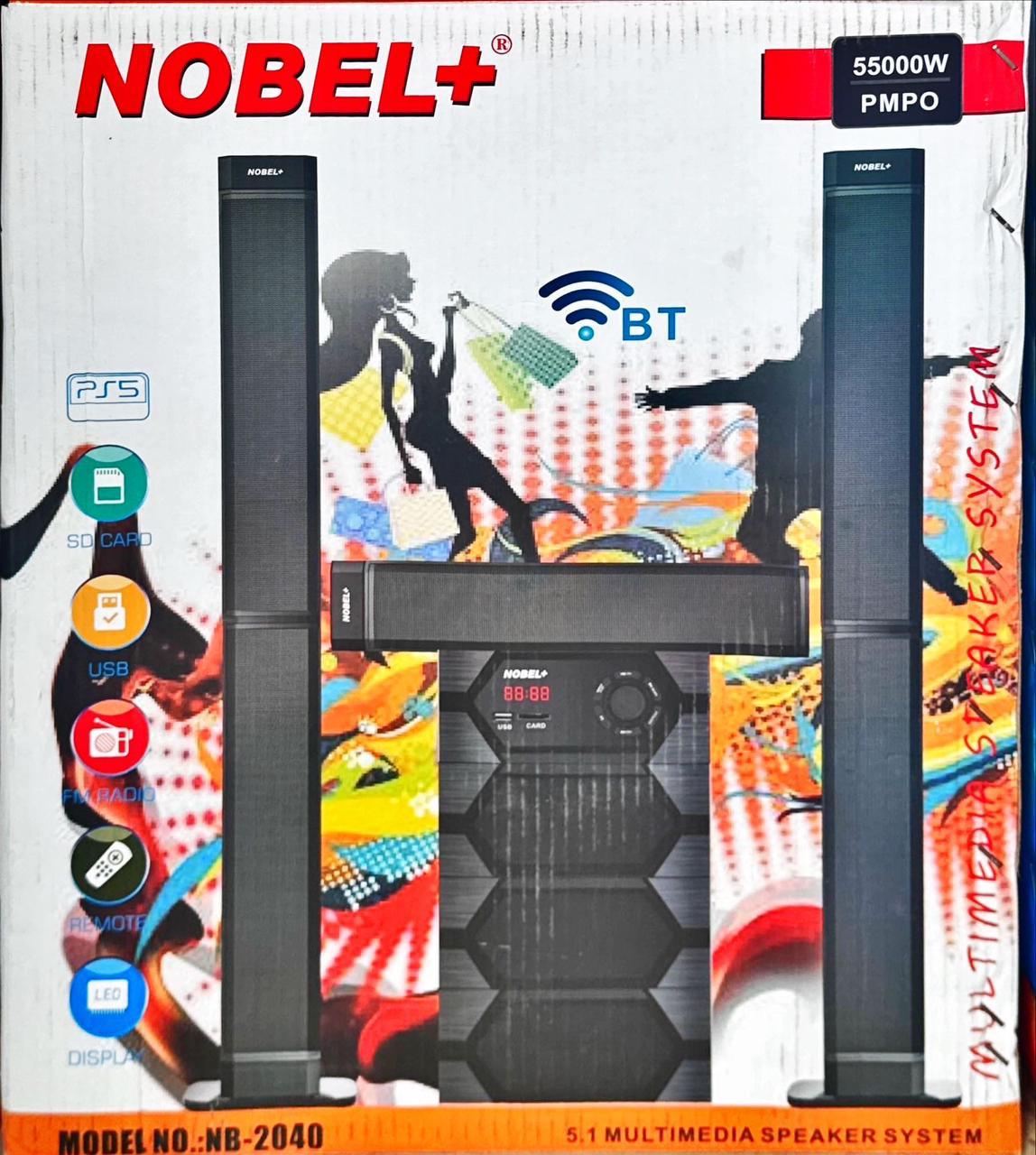 Nobel NB-2040 5.1CH Speaker System: 5.1 Channel Speaker System 55000W PMPO Bluetooth Connectivity USB Port SD Card Slot FM Radio Tallboy Design Remote Control LED Display Extra Bass Sound AUX