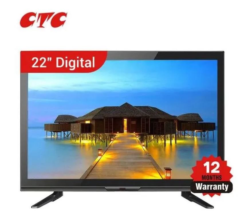 CTC 22-Inch HD Digital LED TV with Built-In Decoder, HDMI, USB Movie, VGA, AC/DC Dual Power, Slim Black Design, Wall Mountable, Energy Saving, 12-Month Warranty