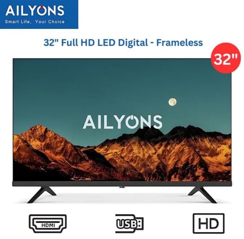 Ailyons 32-Inch Frameless HD Digital LED TV with Built-In Decoder, HDMI, USB, VGA, Slim Black Design, Energy Efficient, Wall Mountable, 12-Month Warranty