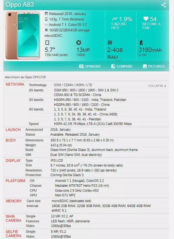 OPPO A83 REFURBISHED – 13MP CAMERA | 8MP SELFIE | 64GB STORAGE | 4GB RAM | 3180MAH BATTERY | 5.7" DISPLAY