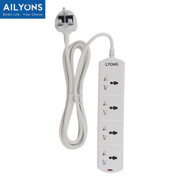 Ailyons 4-Way Extension Socket with Surge Protection – 4 Universal AC Outlets, 3-Pin Plug, 250V/10A Rated, Heavy-Duty Power Strip for Home, Office, Electronics & Appliances