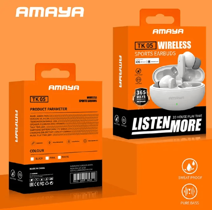 Amaya TK05 Wireless Sports Earbuds 5.3 Bluetooth - 20 Hours Play Time