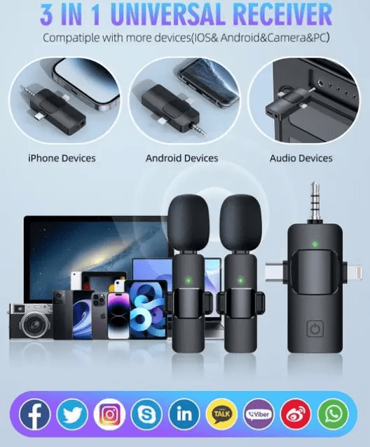 K15 Clip-on Dual Lavalier Wireless Microphone 3-in-1 with Lightning, AUX & Type-C Receiver – Noise Reduction, Dual Mic for iPhone, Android, Camera, Laptop