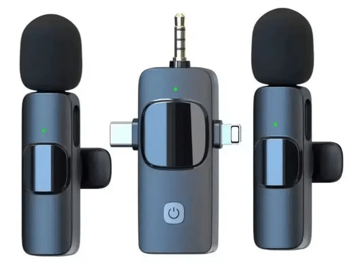 K15 Clip-on Dual Lavalier Wireless Microphone 3-in-1 with Lightning, AUX & Type-C Receiver – Noise Reduction, Dual Mic for iPhone, Android, Camera, Laptop