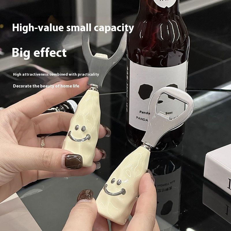 Cute smiley face beer bottle opener plastic handle imitation ceramic handle standing wine bottle driver creative stainless steel open lid