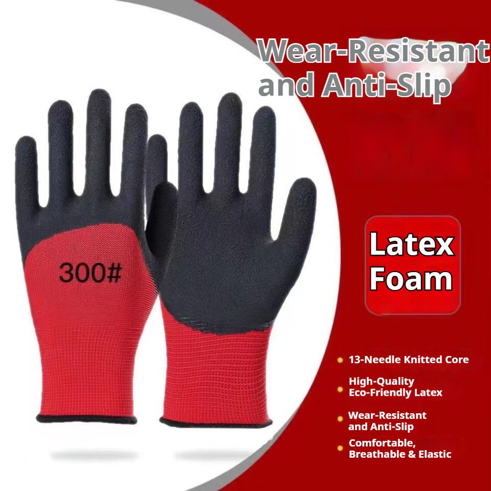 Slip-resistant and wear-resistant dipped rubber protective latex gloves, breathable for construction work and labor protection gloves.