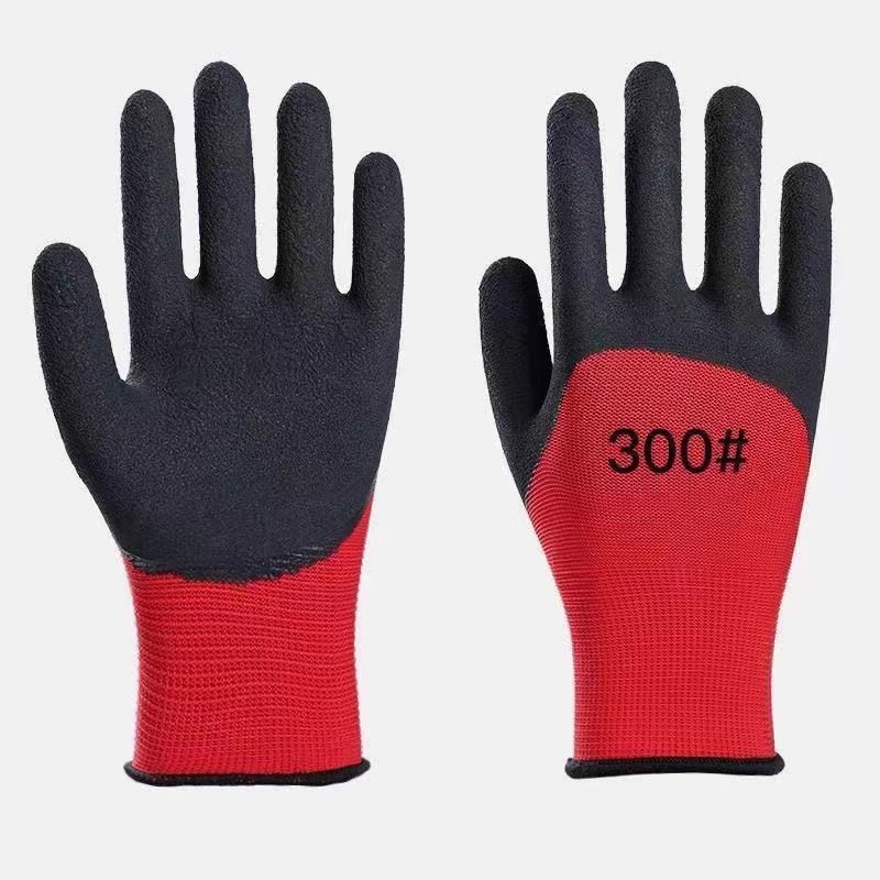 Slip-resistant and wear-resistant dipped rubber protective latex gloves, breathable for construction work and labor protection gloves.