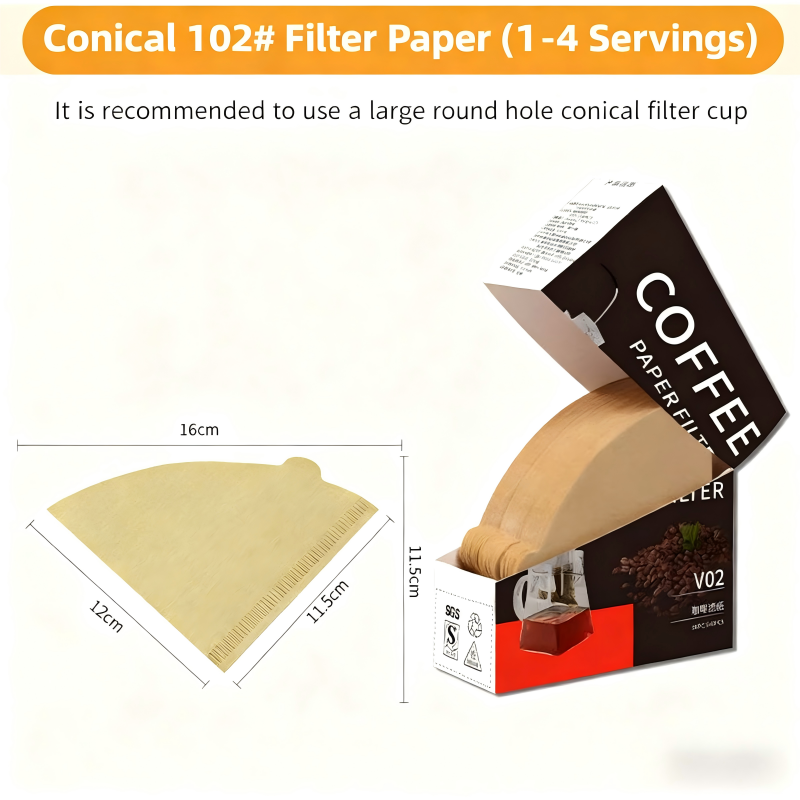 Food-grade coffee filter paper, cone-shaped, for manual pour-over coffee, disposable V02 filter paper for 1-4 people