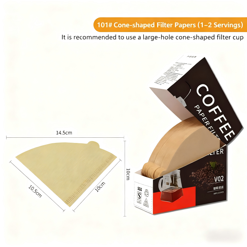 Food-grade coffee filter paper, cone-shaped, for manual pour-over coffee, disposable V02 filter paper for 1-4 people