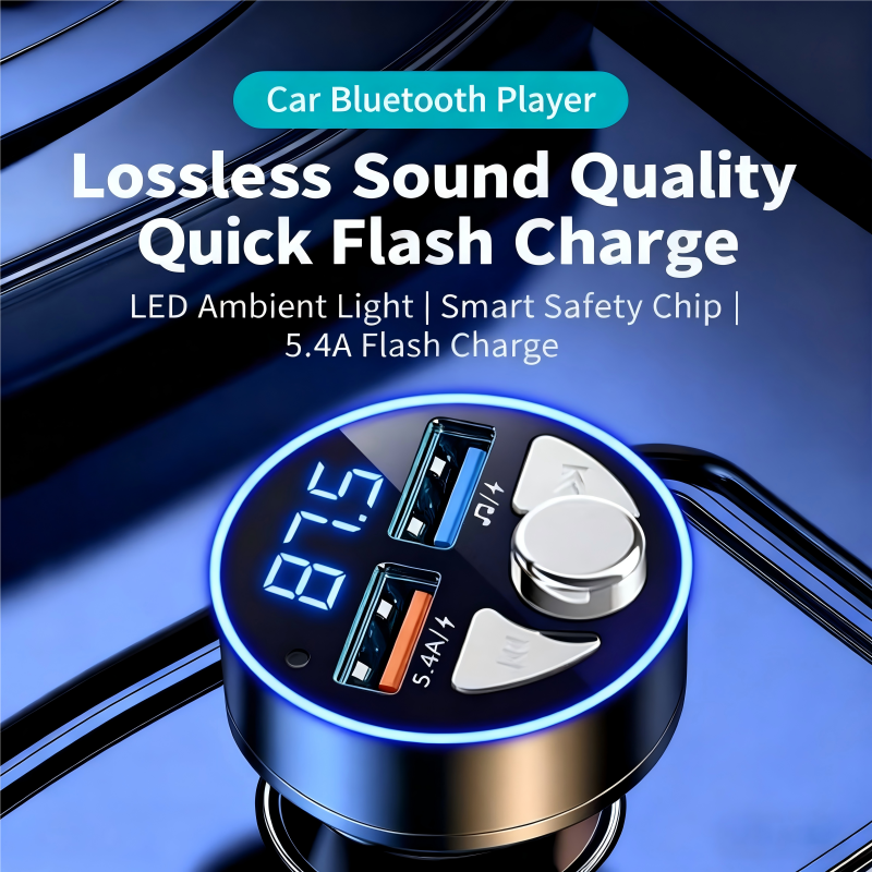 In-car Bluetooth receiver with lossless sound quality MP3 player, super fast car charger, upgrade older cars to Bluetooth 5.0 for hands-free calls, LED digital display FM transmitter