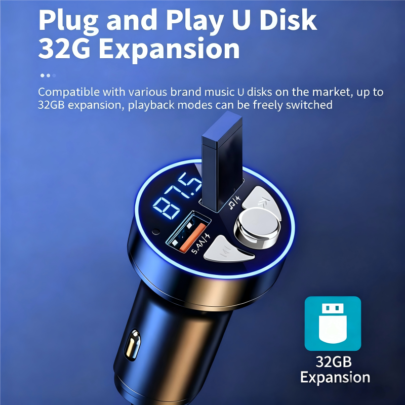 In-car Bluetooth receiver with lossless sound quality MP3 player, super fast car charger, upgrade older cars to Bluetooth 5.0 for hands-free calls, LED digital display FM transmitter
